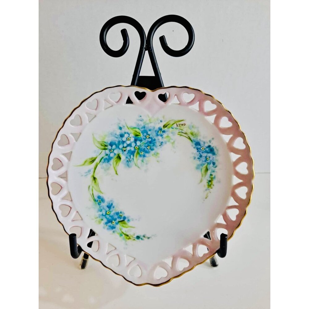 Vintage Hand-Painted Porcelain Plate With Blue Floral Design Pink Heart Cutout R